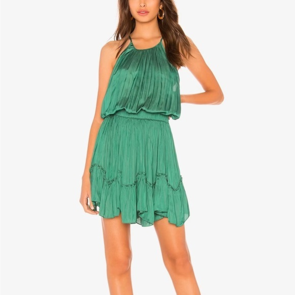 Sleeveless Roundneck Ruched Flounce Blouson Dress In Green Size‎ XS
